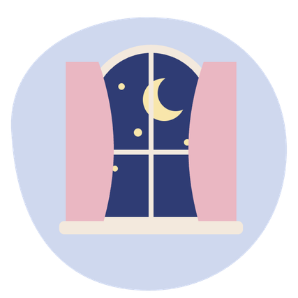 Fenêtre ouverte sur un ciel étoilé avec un croissant de lune, encadrée de deux rideaux roses