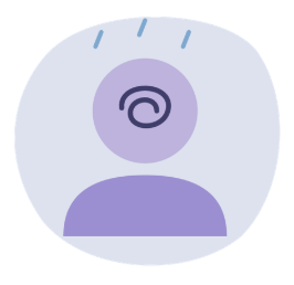 Personnage violet avec une spirale sombre à la place du visage, surmonté de trois petites gouttes bleues