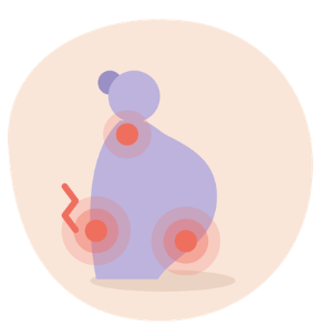 Silhouette violette de femme enceinte de profil, avec trois points rouges lumineux sur la nuque, le dos et le bas du ventre