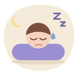 Personnage aux yeux fermés et à l'air fatigué, la tête posée sur un oreiller violet, sous un croissant de lune