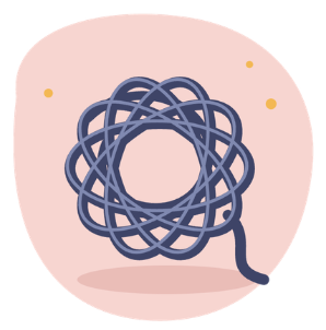 Pelote de fil bleu nuit emmêlée, dont un brin se détache en bas à droite, sur un fond rose pâle
