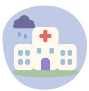 Bâtiment hospitalier avec une croix rouge, surmonté d'un nuage sombre qui laisse tomber de la pluie