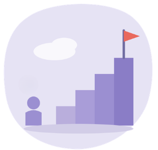 Petit personnage violet au pied d'un escalier de quatre marches menant à un drapeau rouge