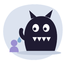 Grand monstre noir à cornes et aux dents pointues face à un petit personnage violet qui transpire