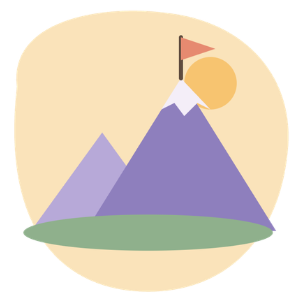Montagne violette au sommet enneigé surmonté d'un drapeau rouge, devant un soleil jaune
