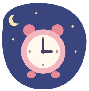 Réveil rose indiquant 3 h, sur un fond de nuit étoilée avec un croissant de lune