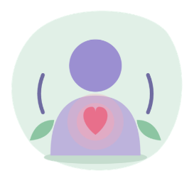 Personnage violet avec un cœur rose lumineux sur la poitrine, entouré de deux feuilles vertes