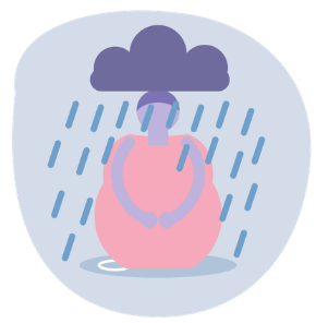 Silhouette de femme enceinte, les bras autour de son ventre, sous un nuage sombre et une pluie battante